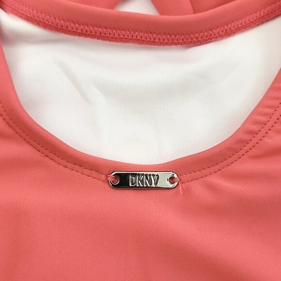 DKNY Women's Peek-a-Boo Twist One-Piece Swimsuit Coral Pink Scoop Back Size 16 - Picture 3 of 15